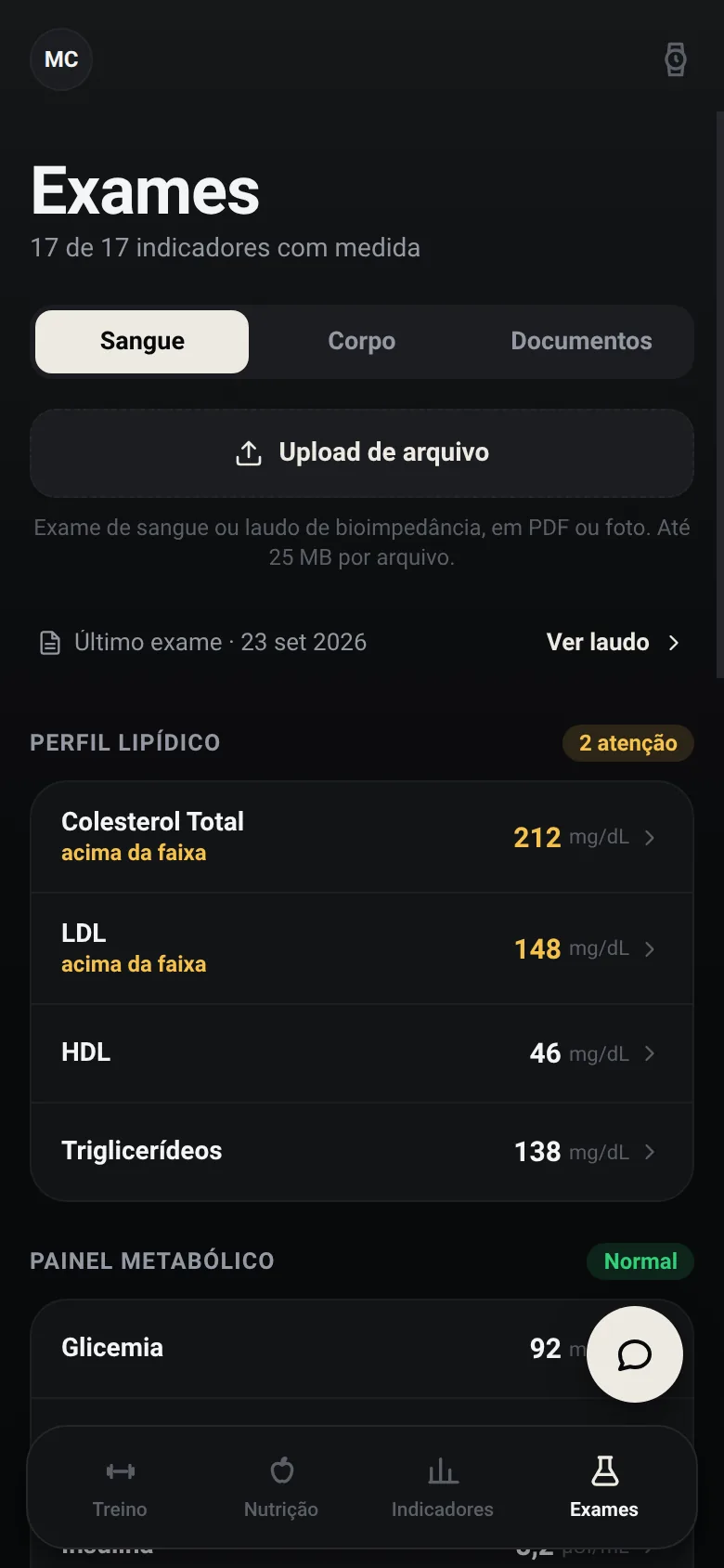 Tela Exames: perfil lipídico com colesterol e LDL acima da faixa e painel metabólico normal.